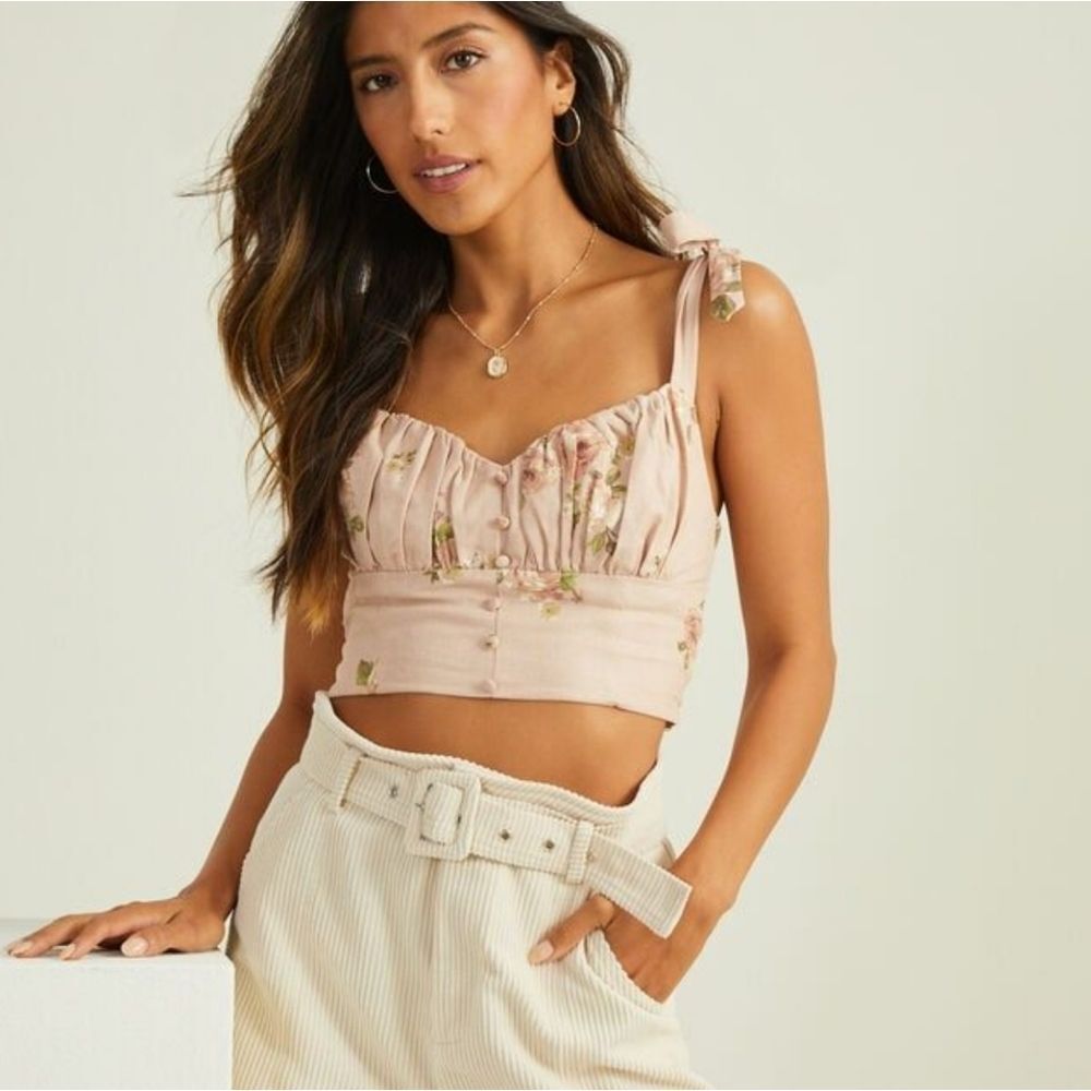 Altar'd State Floral Dehlia Crop Top - Cream and Green Corset Style